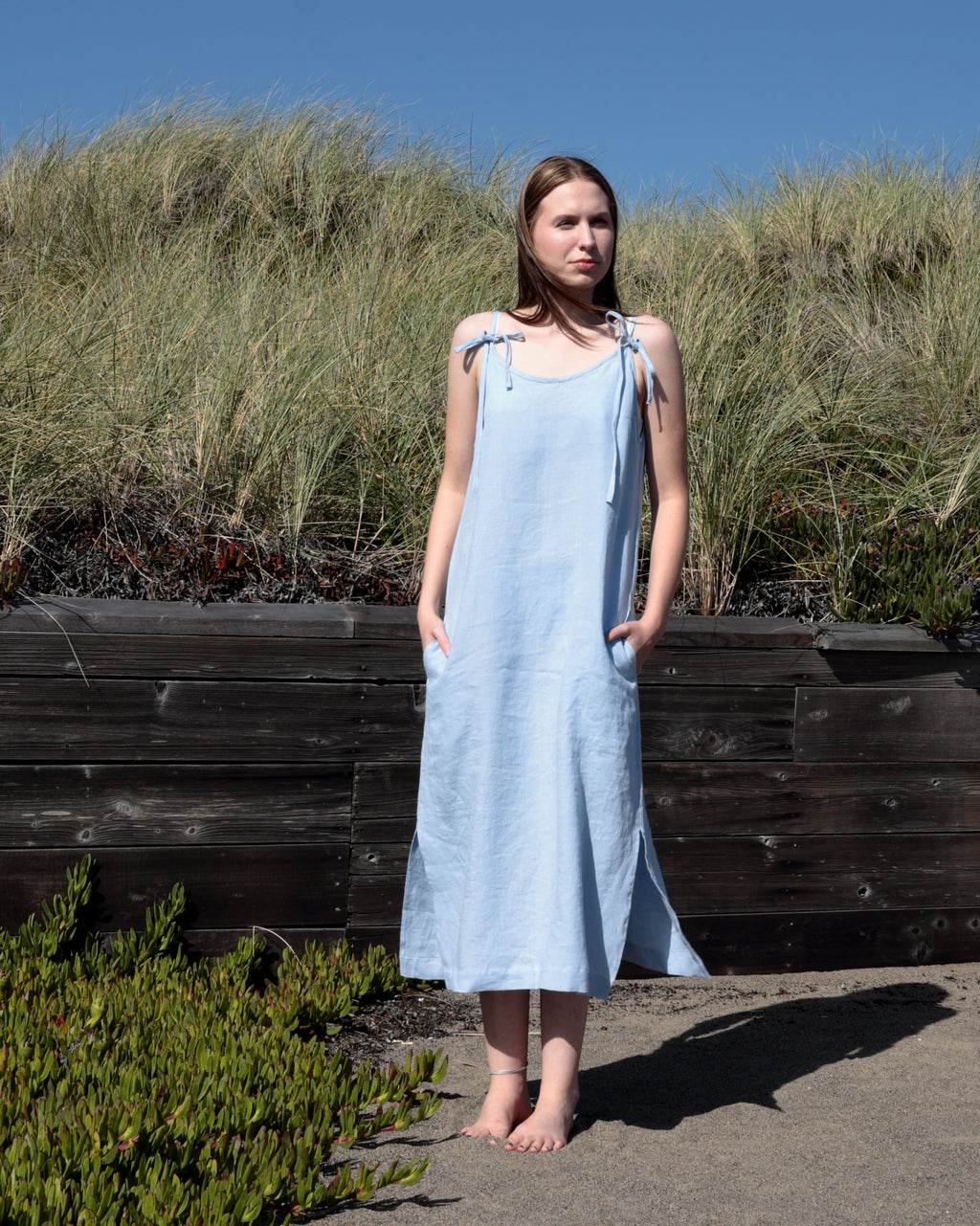 Light Blue Linen Maxi Dress for Women | Sleeveless European Linen Dress