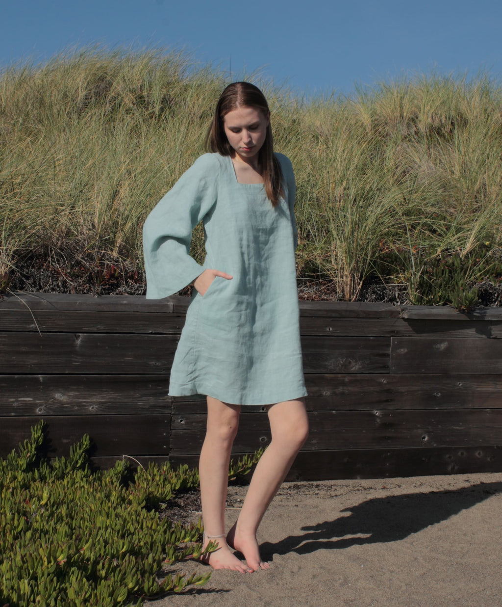 Meadow green linen midi dress for women