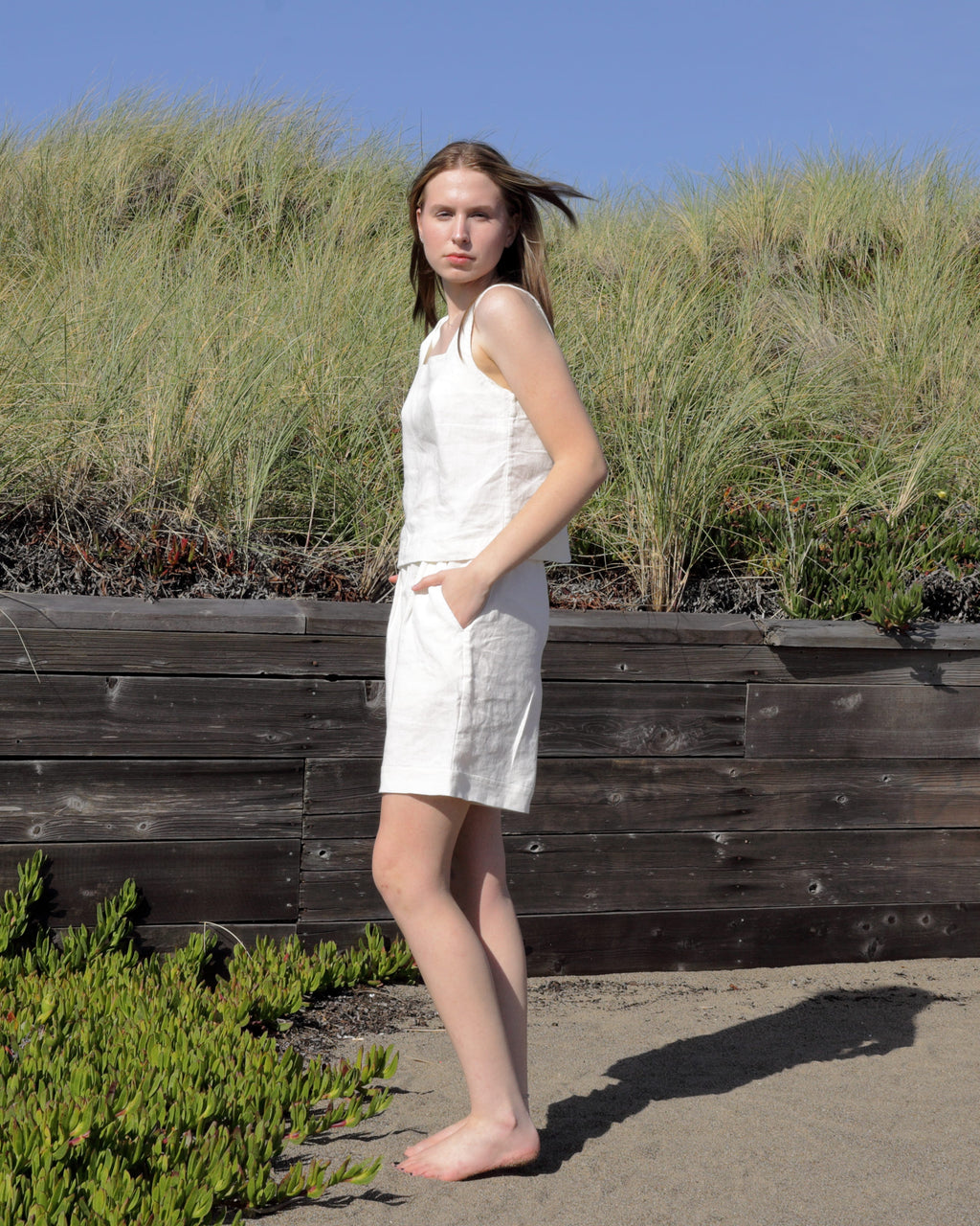 White linen shorts