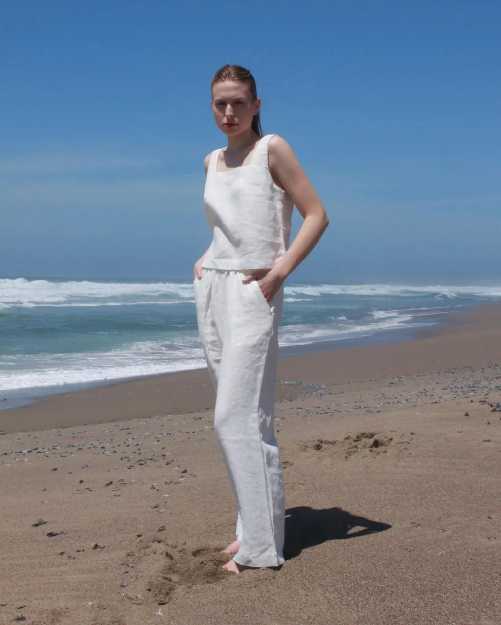 Handmade white linen pants in California