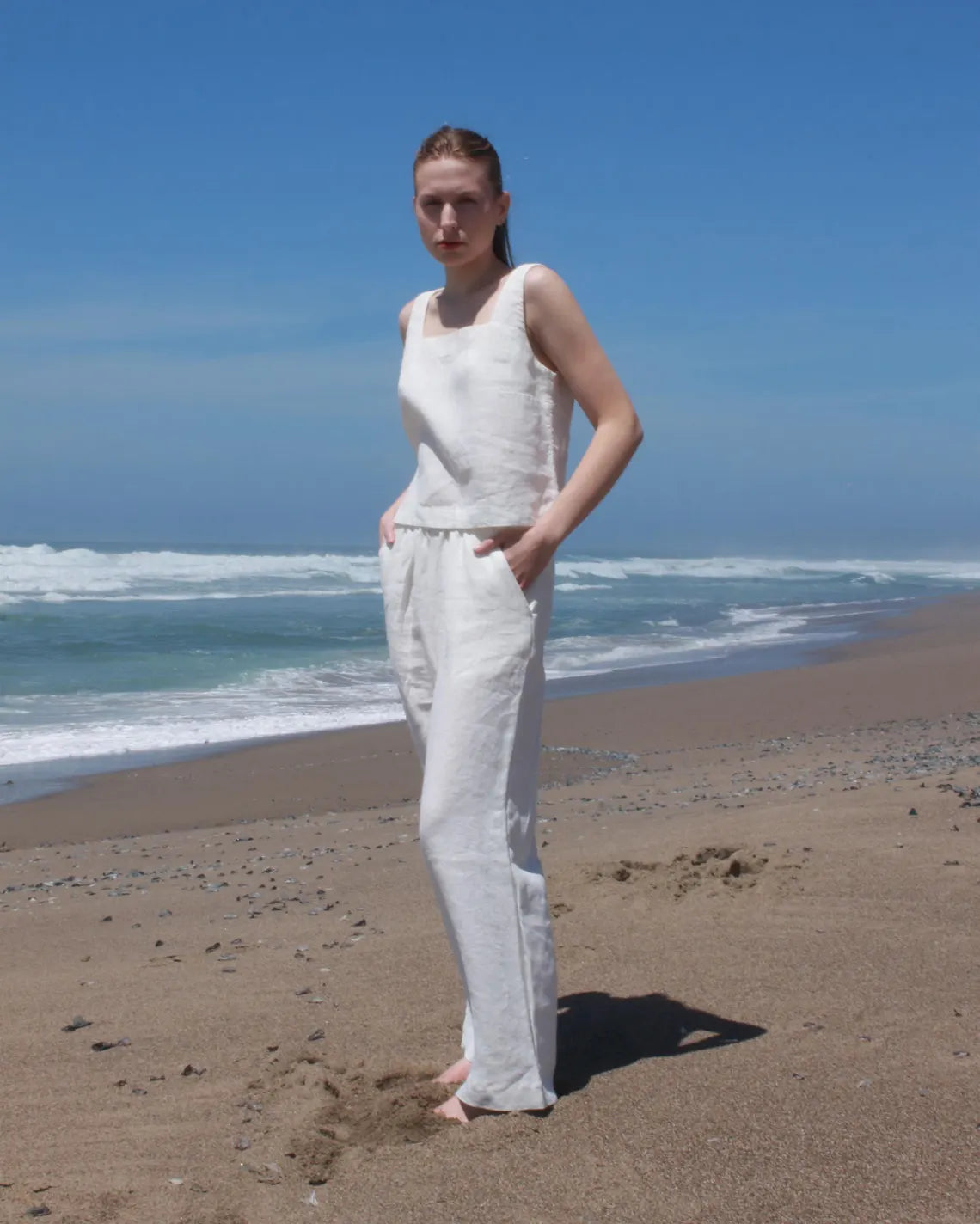 Handmade white linen pants in California