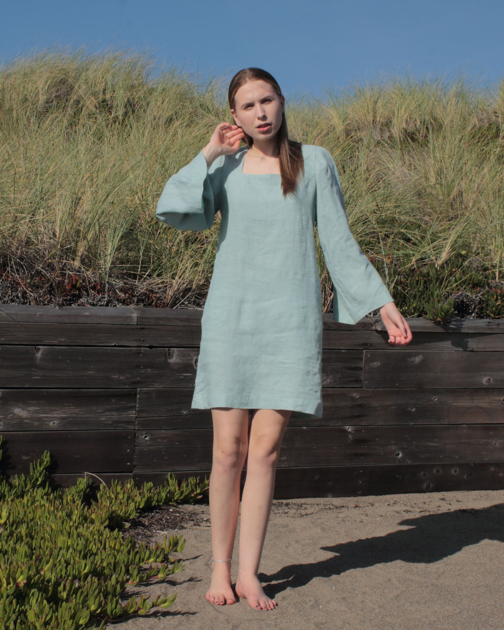 Handmade meadow green linen dress in California