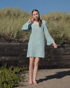 Handmade meadow green linen dress in California