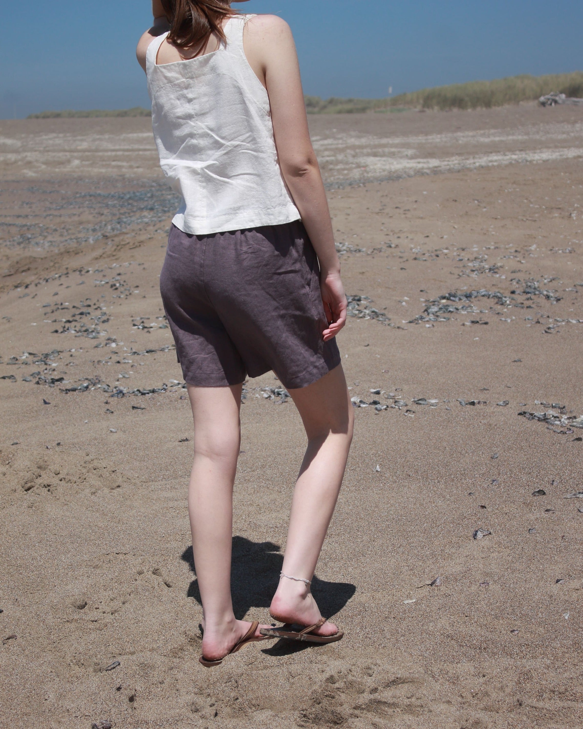 Back view of natural linen shorts