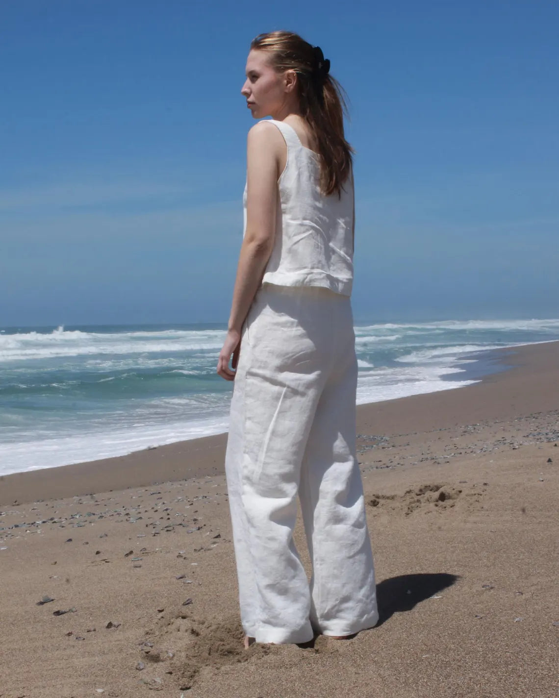 Back view of white linen pants