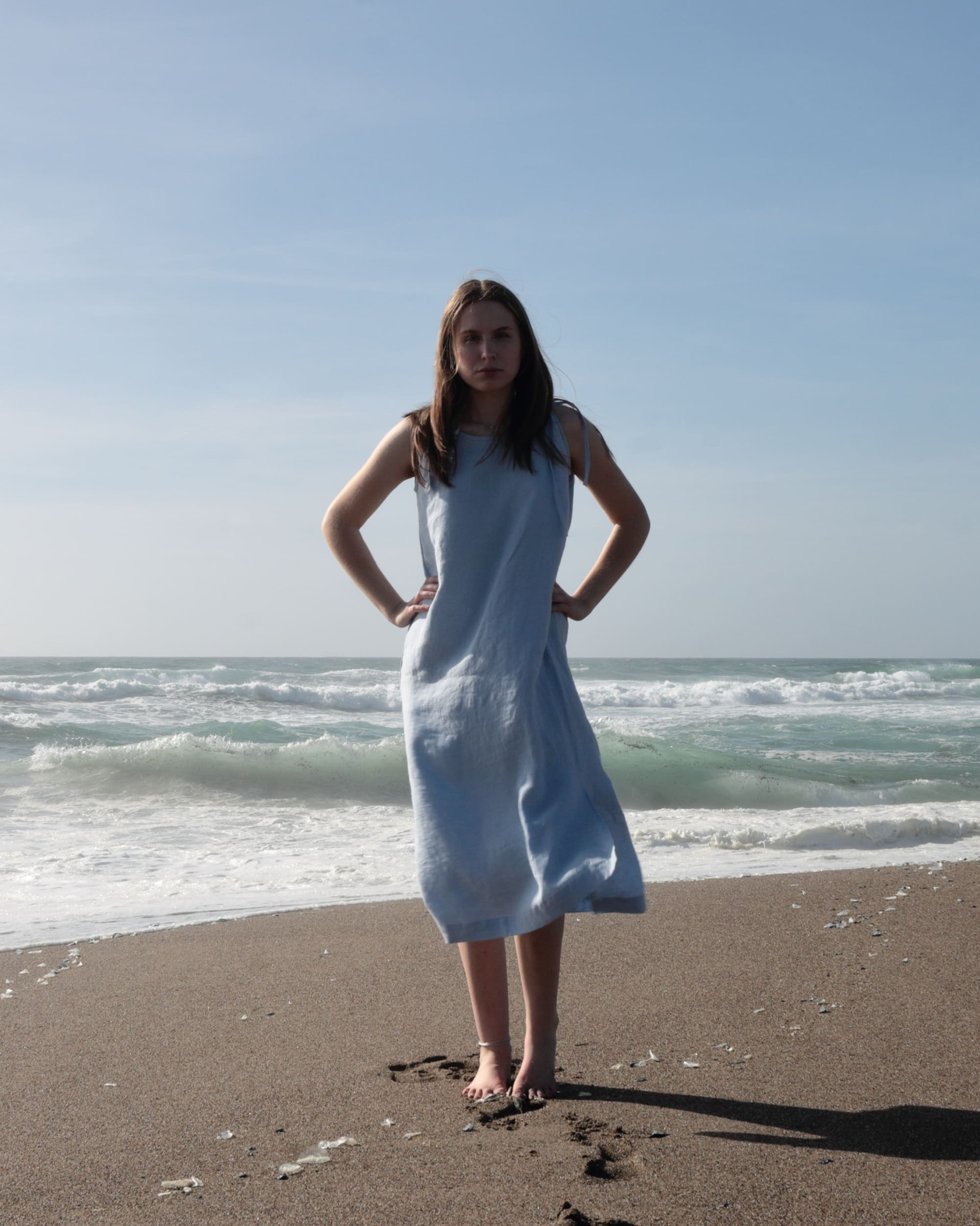 Sleeveless light blue linen maxi dress